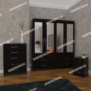 Black 4 Door Mirrored Wardrobe With 4 Bottom Drawers and Chest Drawers