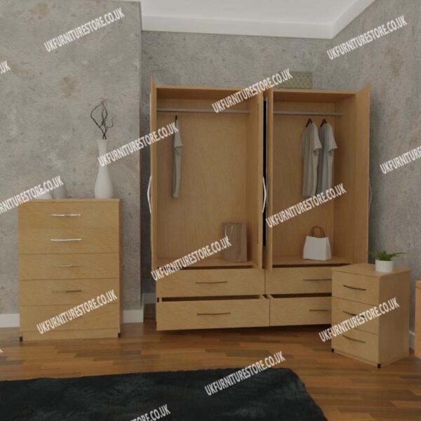Beech 4 Door Wardrobe Set With 4 Bottom Drawers and Chest Drawers