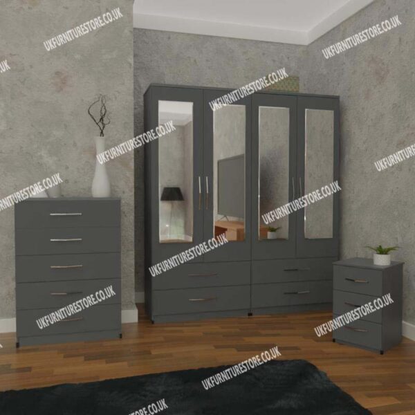 Silver 4 Door Mirrored Wardrobe With 4 Bottom Drawers and Chest Drawers