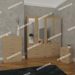 Oak 4 Door Mirrored Wardrobe With 4 Bottom Drawers and Chest Drawers