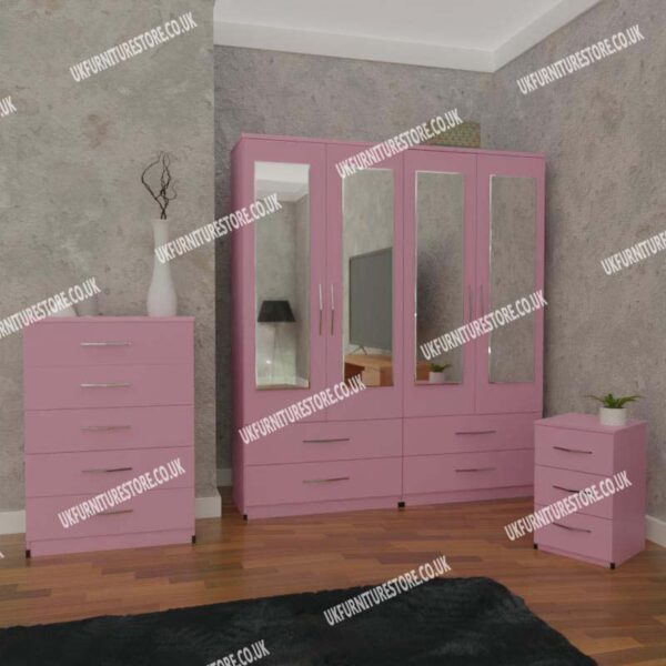Pink 4 Door Mirrored Wardrobe With 4 Bottom Drawers and Chest Drawers
