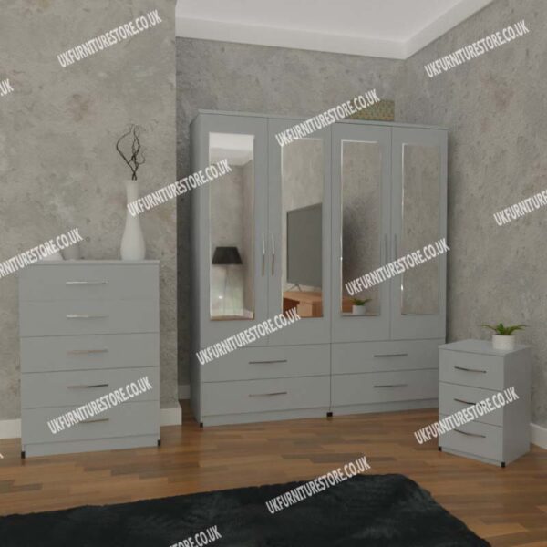 Silver 4 Door Mirrored Wardrobe With 4 Bottom Drawers and Chest Drawers