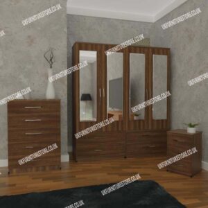 Walnut 4 Door Mirrored Wardrobe With 4 Bottom Drawers and Chest Drawers