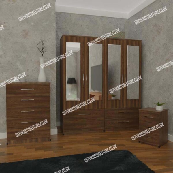 Walnut 4 Door Mirrored Wardrobe With 4 Bottom Drawers and Chest Drawers