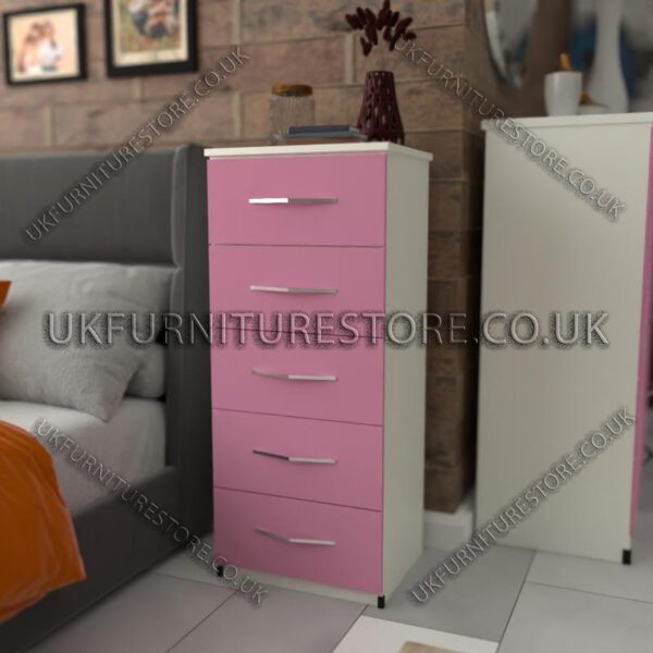 Front Pink Side White 5 Drawers Bedside