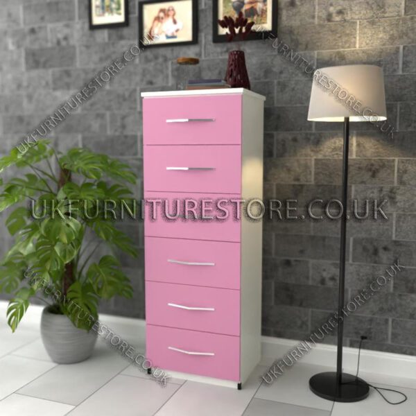 Front Pink Side White 6 Drawers Bedside