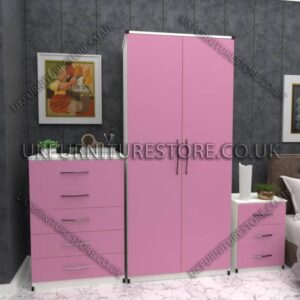 Front Pink Side White 2 Door Wardrobe Set With Chest and Bedsides