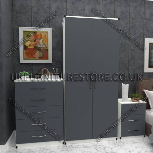 Front Gray Side White 2 Door Wardrobe Set With Chest and Bedsides