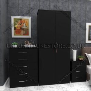 Black 2 Door Wardrobe Set With Chest and Bedsides