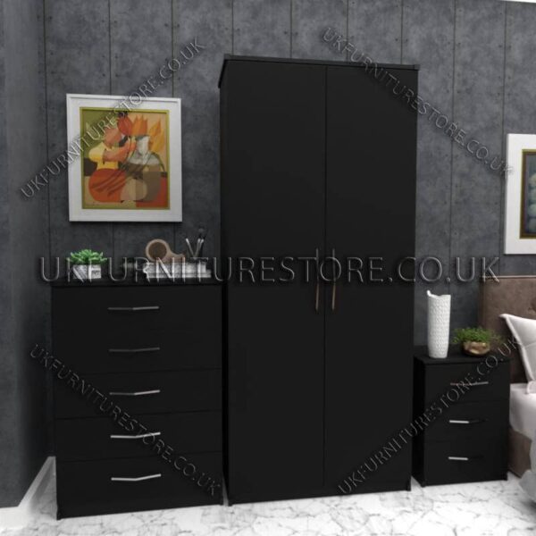 Black 2 Door Wardrobe Set With Chest and Bedsides