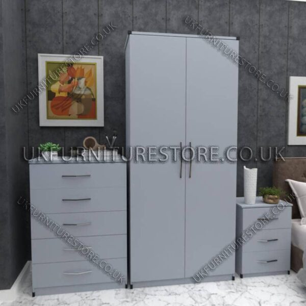 Gray 2 Door Wardrobe Set With Chest and Bedsides