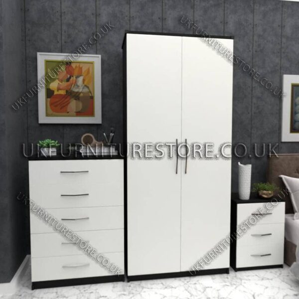 Front White Side Black 2 Door Wardrobe Set With Chest and Bedsides