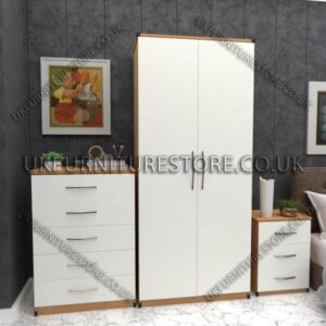 Front White Side Oak 2 Door Wardrobe Set With Chest and Bedsides