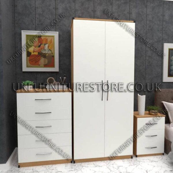 Front White Side Oak 2 Door Wardrobe Set With Chest and Bedsides