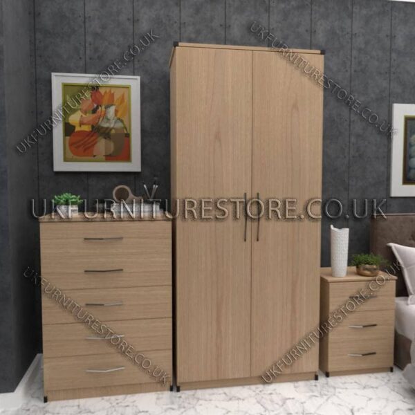 Oak 2 Door Wardrobe Set With Chest and Bedsides