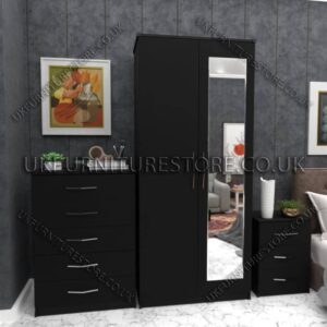 Black 2 Door Wardrobe Set With 1 Mirror and Chest Drawer