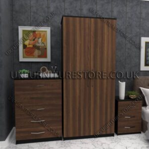 Front Walnut Side Black 2 Door Wardrobe Set With Chest and Bedsides