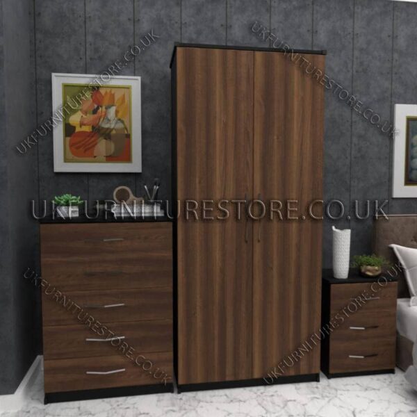 Front Walnut Side Black 2 Door Wardrobe Set With Chest and Bedsides