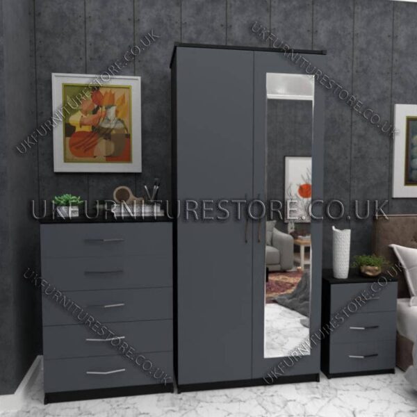 Front Gray Side Black 2 Door Wardrobe Set With 1 Mirror and Chest Drawer