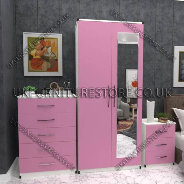 Front Pink Side White 2 Door Wardrobe Set With 1 Mirror and Chest Drawer