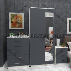 Front Gray Side White 2 Door Wardrobe Set With 1 Mirror and Chest Drawer
