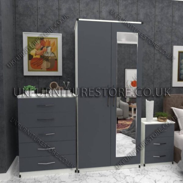 Front Gray Side White 2 Door Wardrobe Set With 1 Mirror and Chest Drawer