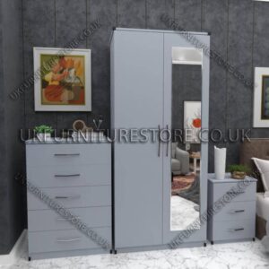 Silver 2 Door Wardrobe Set With 1 Mirror and Chest Drawer