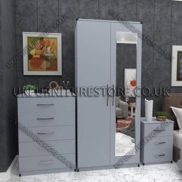 Silver 2 Door Wardrobe Set With 1 Mirror and Chest Drawer