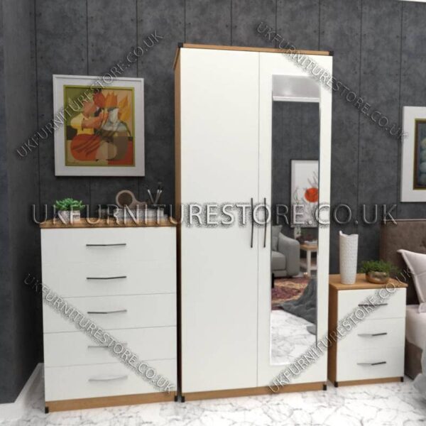 Front White Side Beech 2 Door Wardrobe Set With 1 Mirror and Chest Drawer