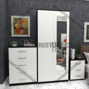 Front White Side Black 2 Door Wardrobe Set With 1 Mirror and Chest Drawer