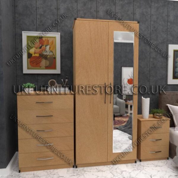 Beech 2 Door Wardrobe Set With 1 Mirror and Chest Drawer