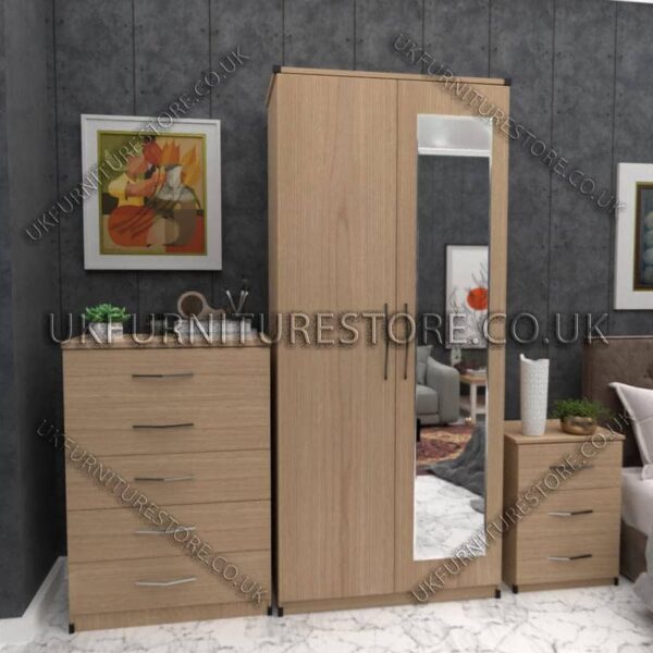 Oak 2 Door Wardrobe Set With 1 Mirror and Chest Drawer