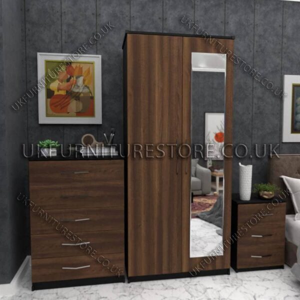 Front Walnut Side Black 2 Door Wardrobe Set With 1 Mirror and Chest Drawer