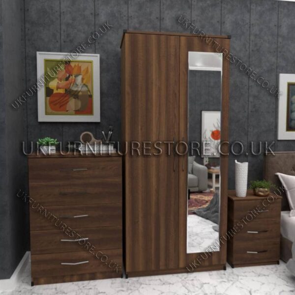 Walnut 2 Door Wardrobe Set With 1 Mirror and Chest Drawer