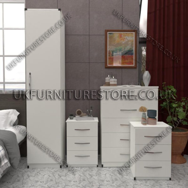 White 1 Door Wardrobe Set With Chest Drawers and Bedsides