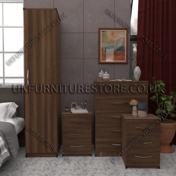 Walnut 1 Door Wardrobe Set With Chest Drawers and Bedsides