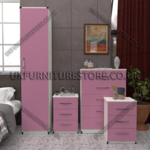 Front Pink Side White 1 Door Wardrobe Set With Chest Drawers and Bedsides