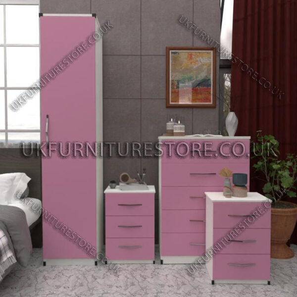 Front Pink Side White 1 Door Wardrobe Set With Chest Drawers and Bedsides