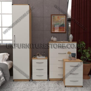 Front White Side Beech 1 Door Wardrobe Set With Chest Drawers and Bedsides
