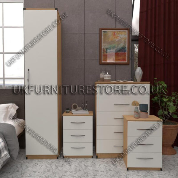 Front White Side Beech 1 Door Wardrobe Set With Chest Drawers and Bedsides