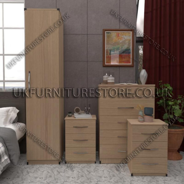 Oak 1 Door Wardrobe Set With Chest Drawers and Bedsides