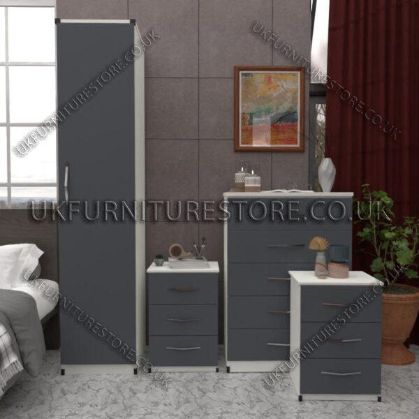 Front Gray Side White 1 Door Wardrobe Set With Chest Drawers and Bedsides