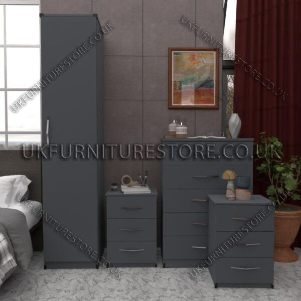 Gray 1 Door Wardrobe Set With Chest Drawers and Bedsides