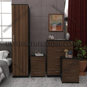 Front Walnut Side Black 1 Door Wardrobe Set With Chest Drawers and Bedsides