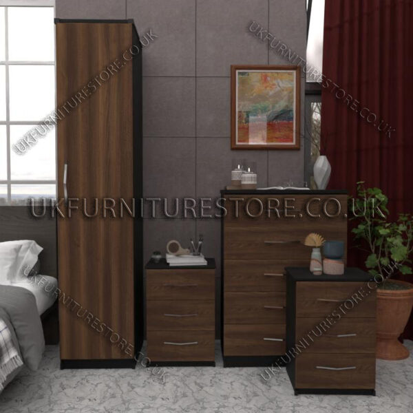 Front Walnut Side Black 1 Door Wardrobe Set With Chest Drawers and Bedsides