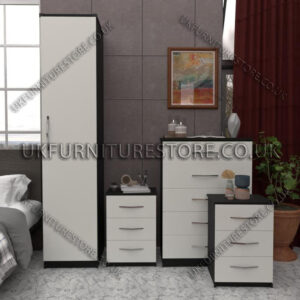 Front White Side Black 1 Door Wardrobe Set With Chest Drawers and Bedsides
