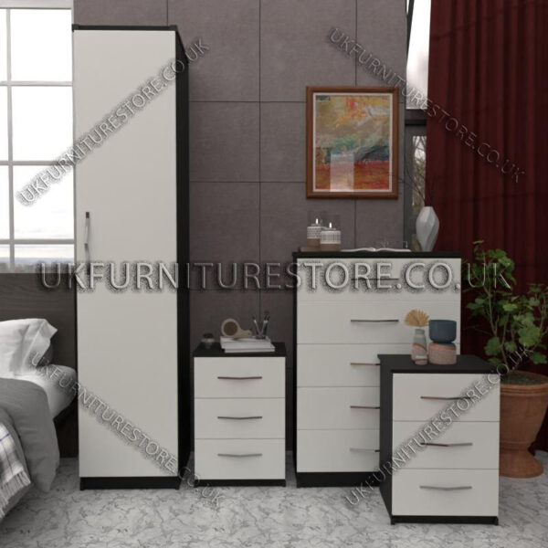Front White Side Black 1 Door Wardrobe Set With Chest Drawers and Bedsides