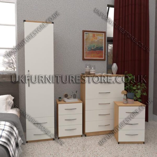 Front White Side Oak 1 Door Wardrobe Set With 2 Bottom Drawers and Chest Drawers