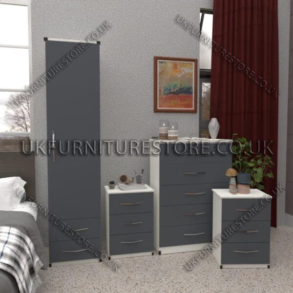 Front Gray Side White 1 Door Wardrobe Set With 2 Bottom Drawers and Chest Drawers