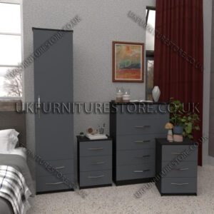Front Gray Side Black 1 Door Wardrobe Set With 2 Bottom Drawers and Chest Drawers